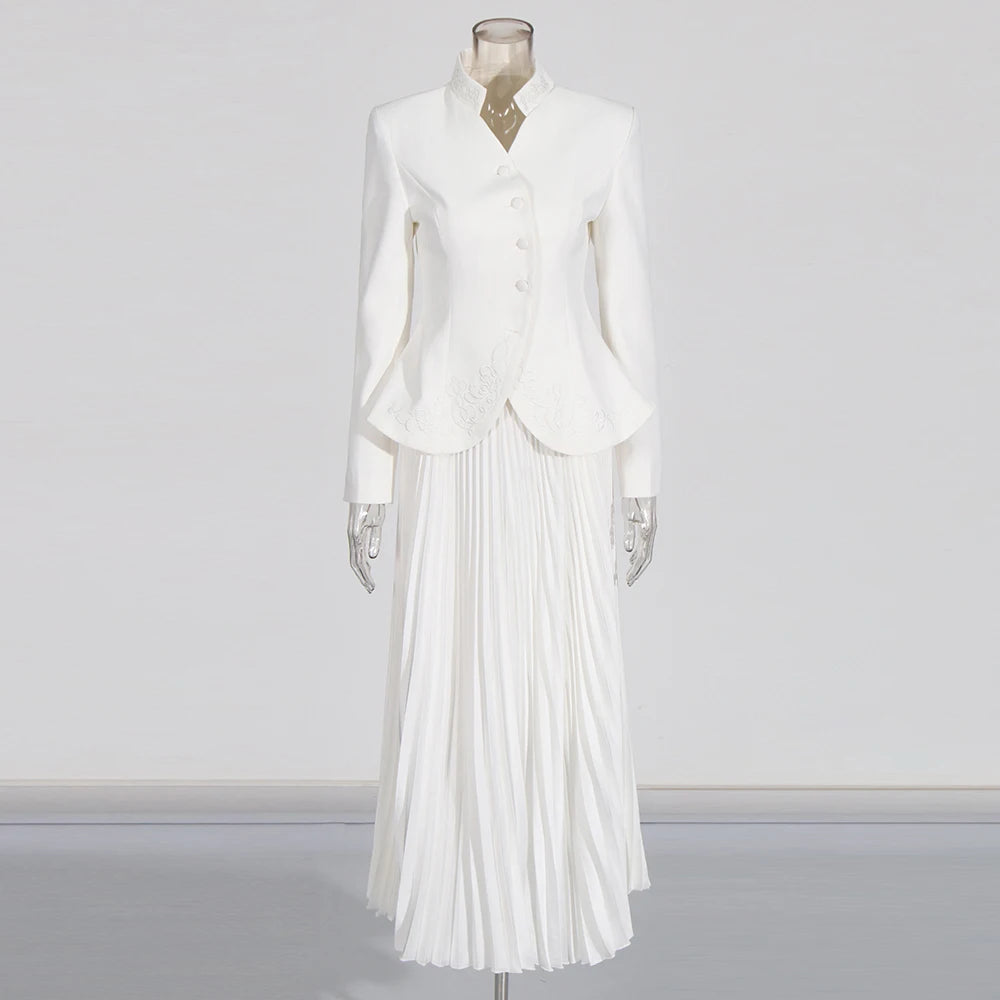 Minimalist Two Piece Sets For Women Stand Collar Long Sleeve Blazer High Waist Skirt Elegant Set Female Fashion New WHITE