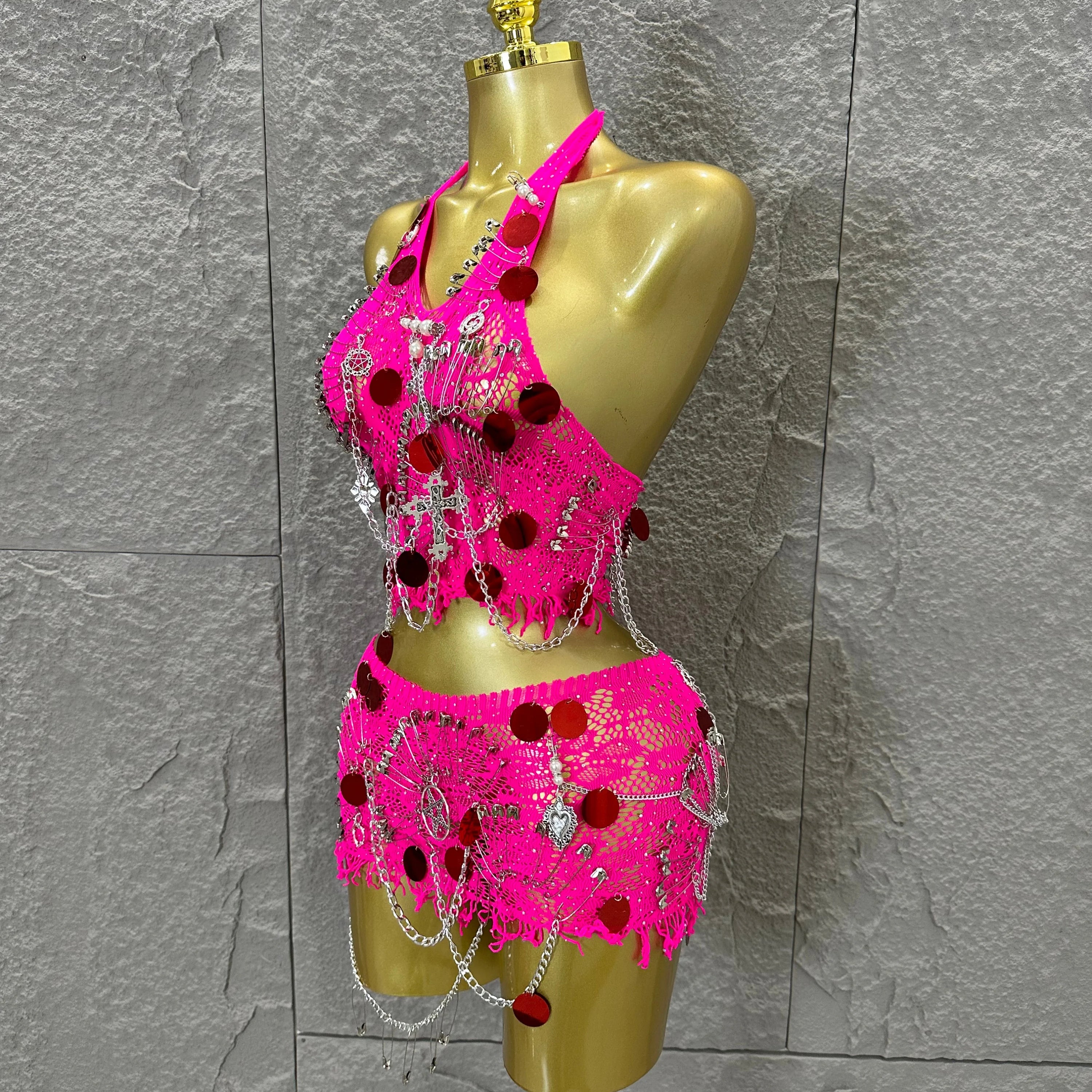 Women Sexy Safety Pin Lace Two Piece Set Halter Neck Sequin Embellished Crop Top & Mini Skirt Outfit Stage Performance Costume