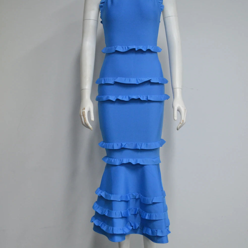 5 Colors Women Sexy Off the Shoulder Ruffles Bodycon Bandage Mermaid Dress Celebrate Evening Party Birthday Outfit Wear SKY BLUE