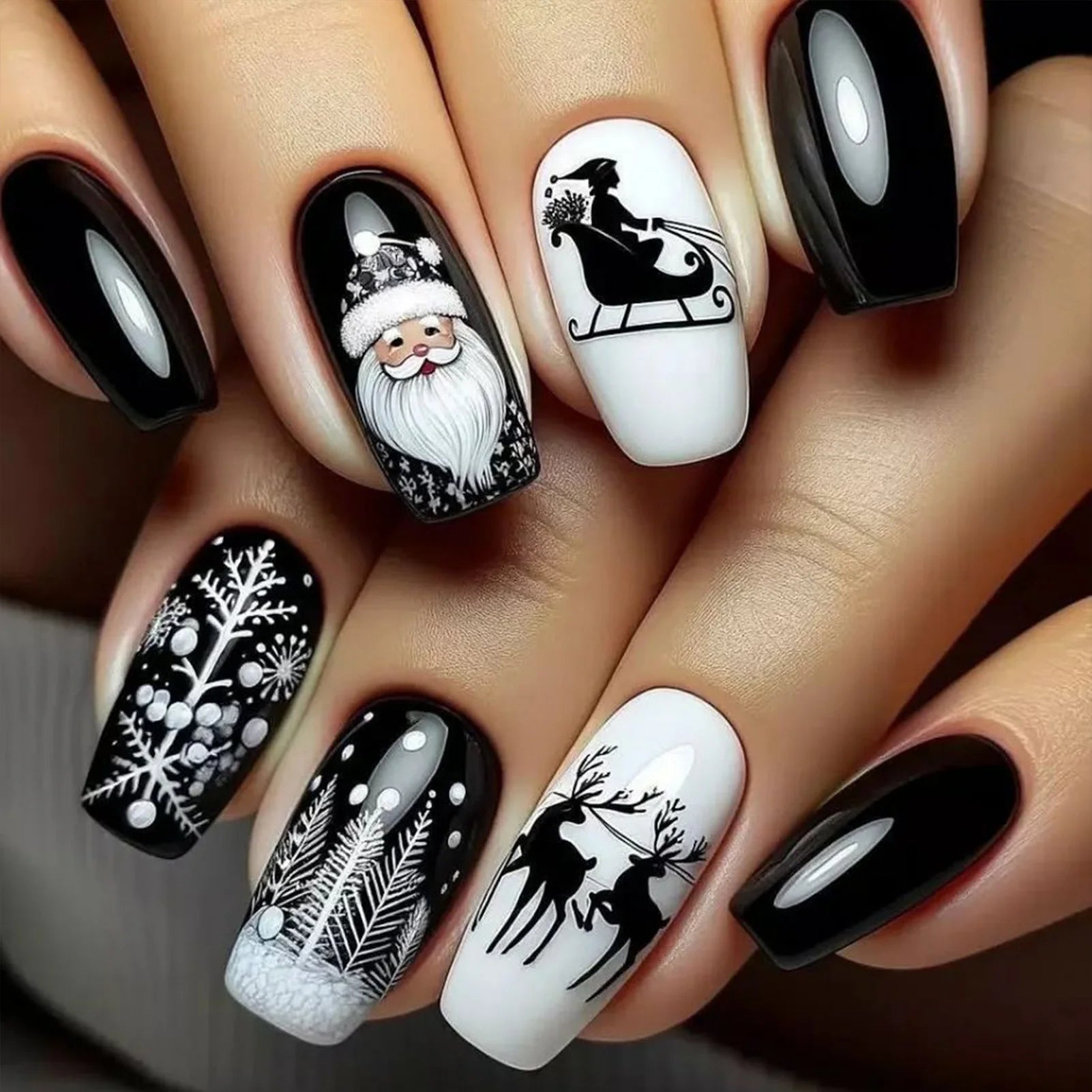 24Pcs Black/White False Nails Medium Length Coffin Christmas Nails Press On Full Cover Acrylic False Nails Santas/Deer Printed As show