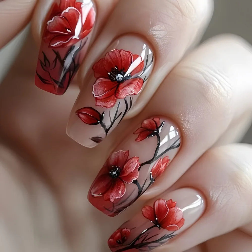 24pcs/set Medium long fake nails Gradient blue ocean fish sun flowers butterfly square ballet summer tips press on false nail 2381