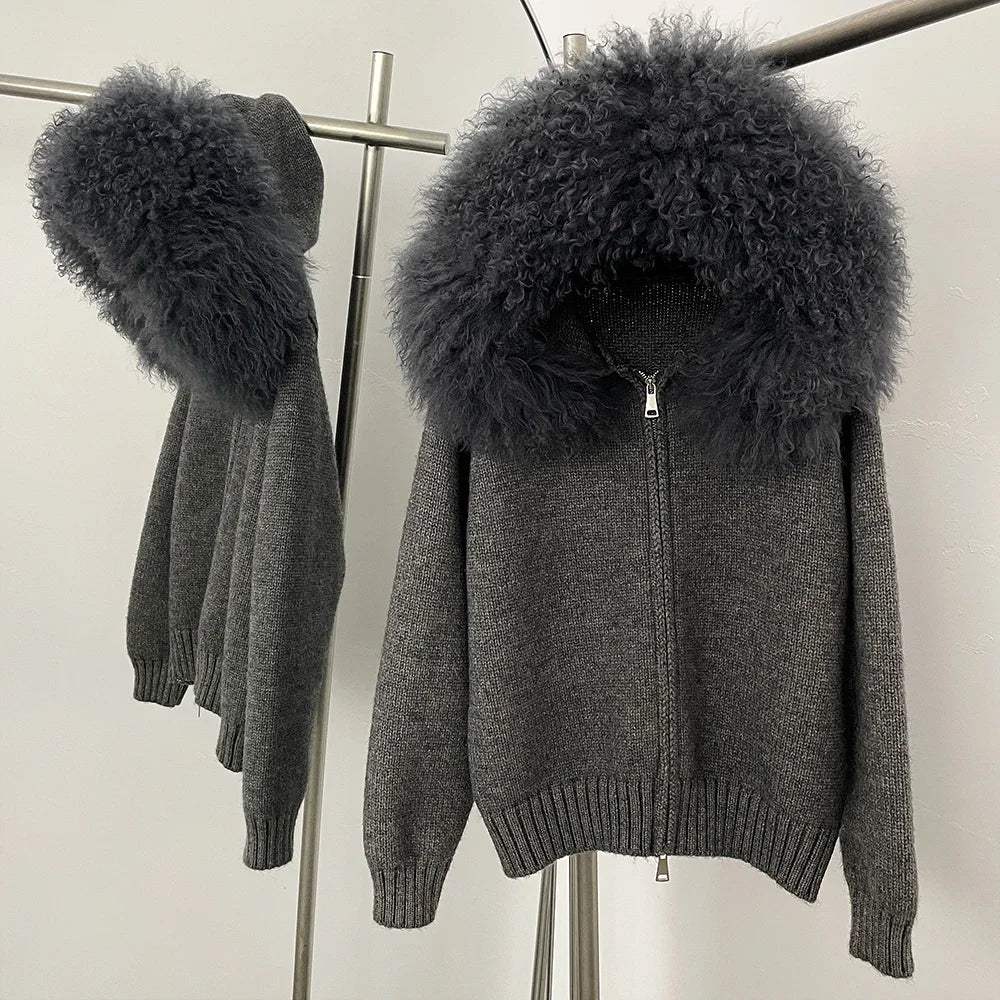 Coat Women Cardigan Natural Fox Fur Coat Women Real Mongolian Fur Knitwear Female Spring Autumn Hooded Knitted Fur Jacket deep Gray sheep One Size