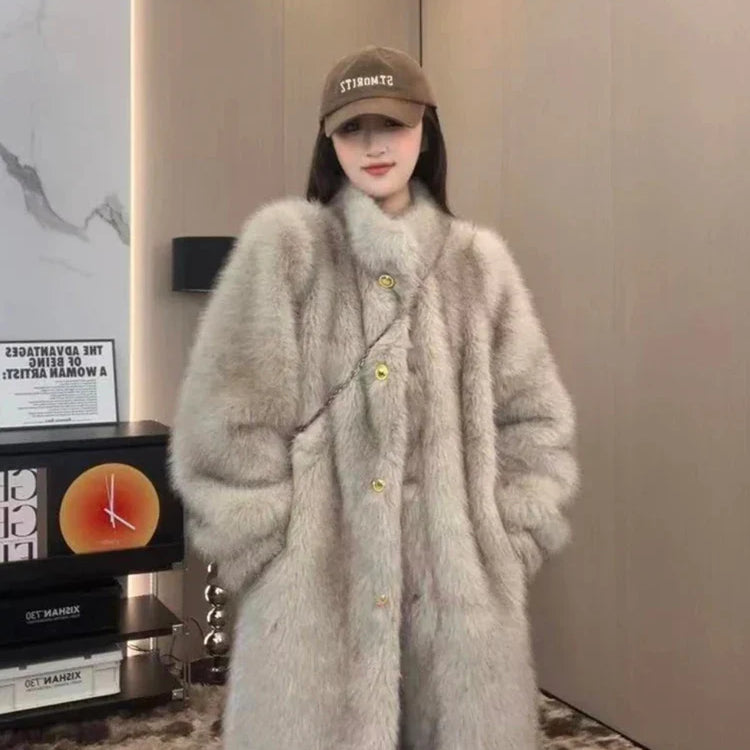 Autumn Winter Long Thick Warm Hairy Soft Faux Fox Fur Coat Women Stand Collar Elegant Luxury Chic Fluffy Jacket 2024 Milk brown