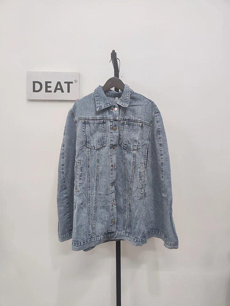DEAT Women's Denim Coat Sleeveless Hollow Out Single Breasted Patchwork Solid Color Jackets Summer New Fashion 29L2051 Blue