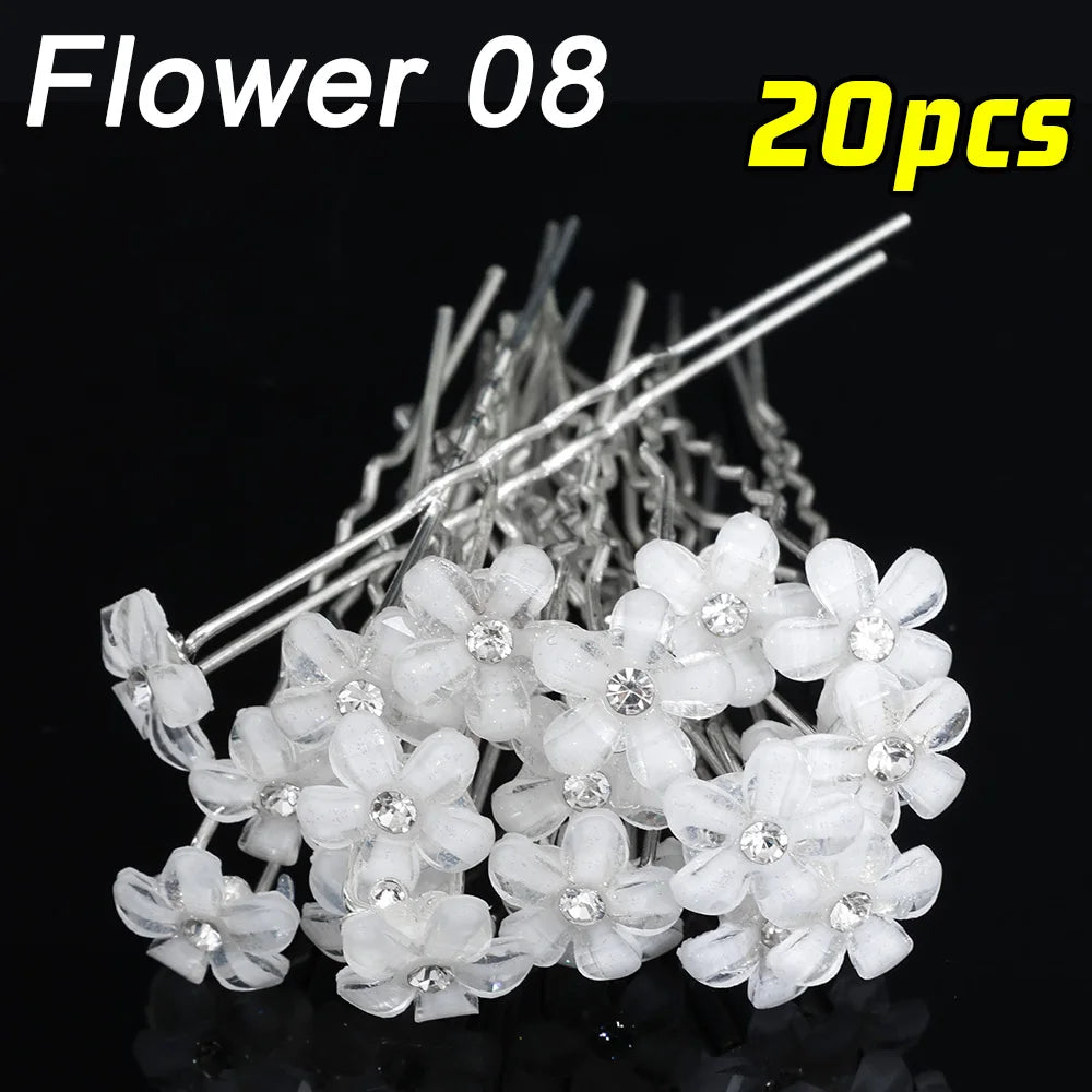 20pcs Pearl Crystal Hairpin Elegant Wedding Bridal U-shaped Metal Hair Comb Forks for Women Hairstyle Clips Jewelry Accessories Flower 08