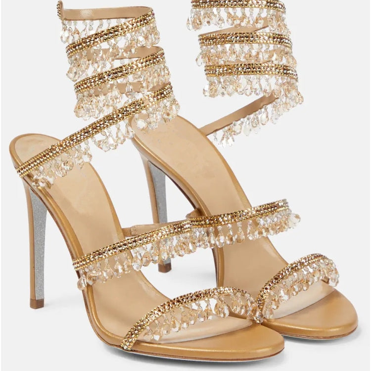 Women's New Rhinestone Sandals Fashion Tassel Crystal Shoes Sexy Nightclub Banquet Party Twining Stiletto Women's Sandals golden