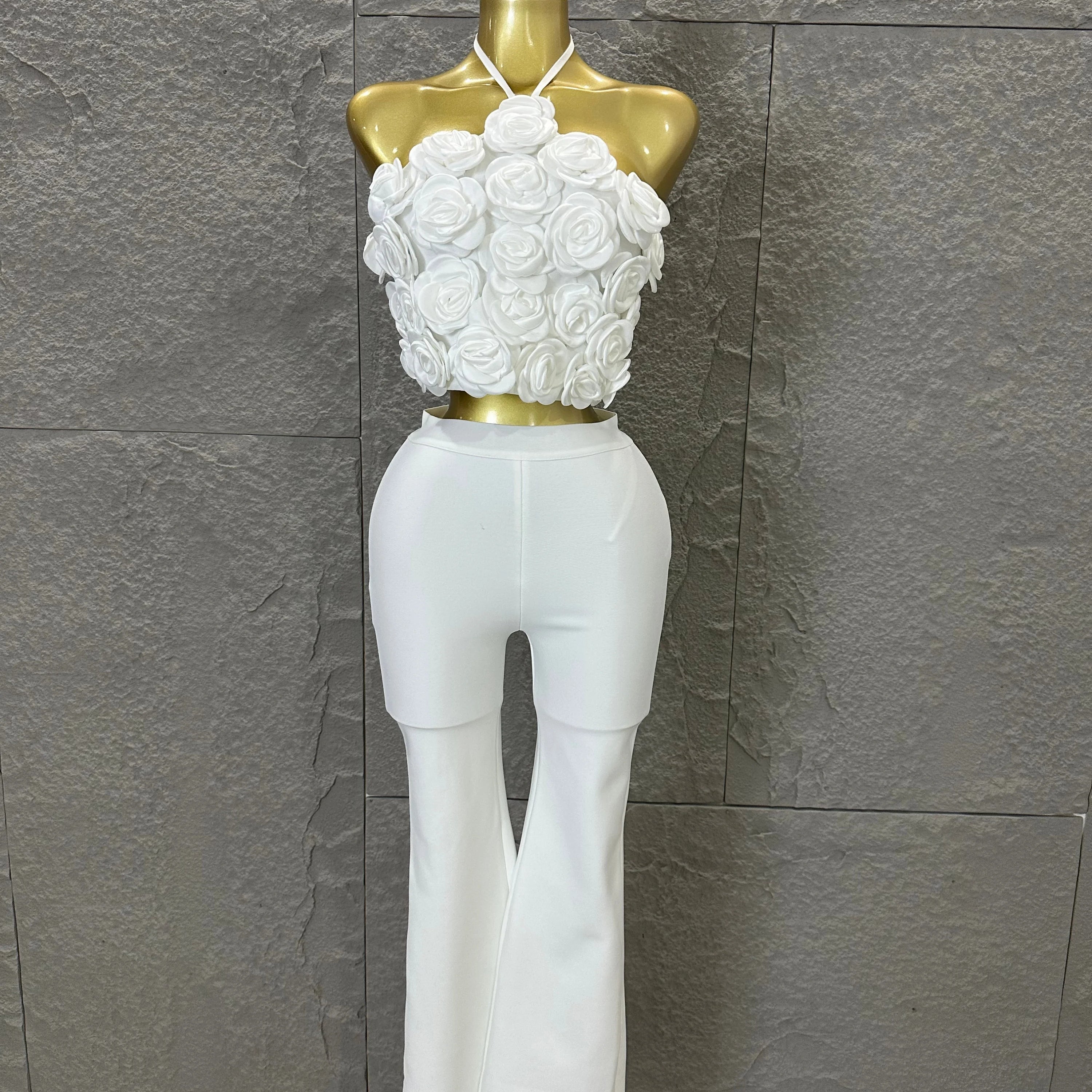Elegant Two Piece Set Women Halter 3D Flower Crop Top High Waist Flare Pants Bandage Suit Party Casual Formal Wear Ivory