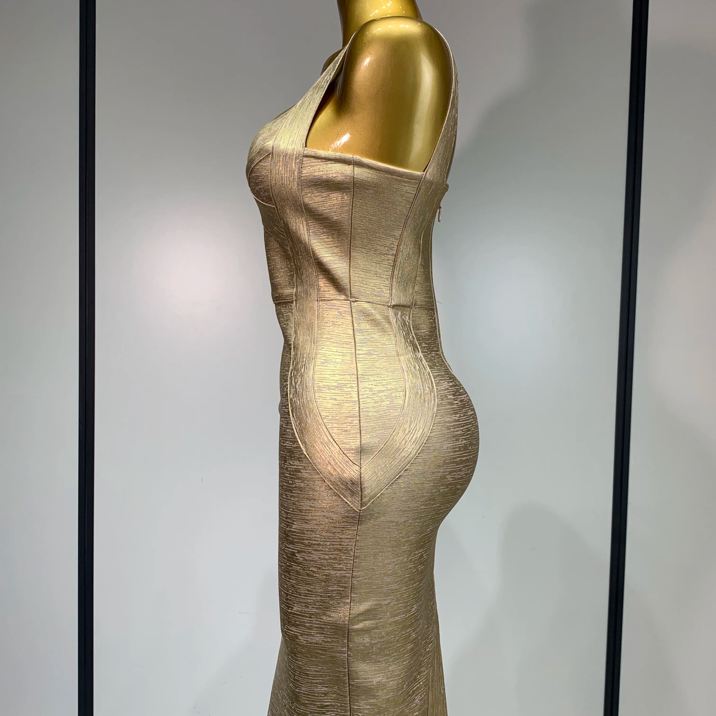 Women Sexy V Neck Bronzing Gold Midi Bodycon Bandage Dress 2025 Celebrity Elegant Evening Club Party Luxury Birthday Dress