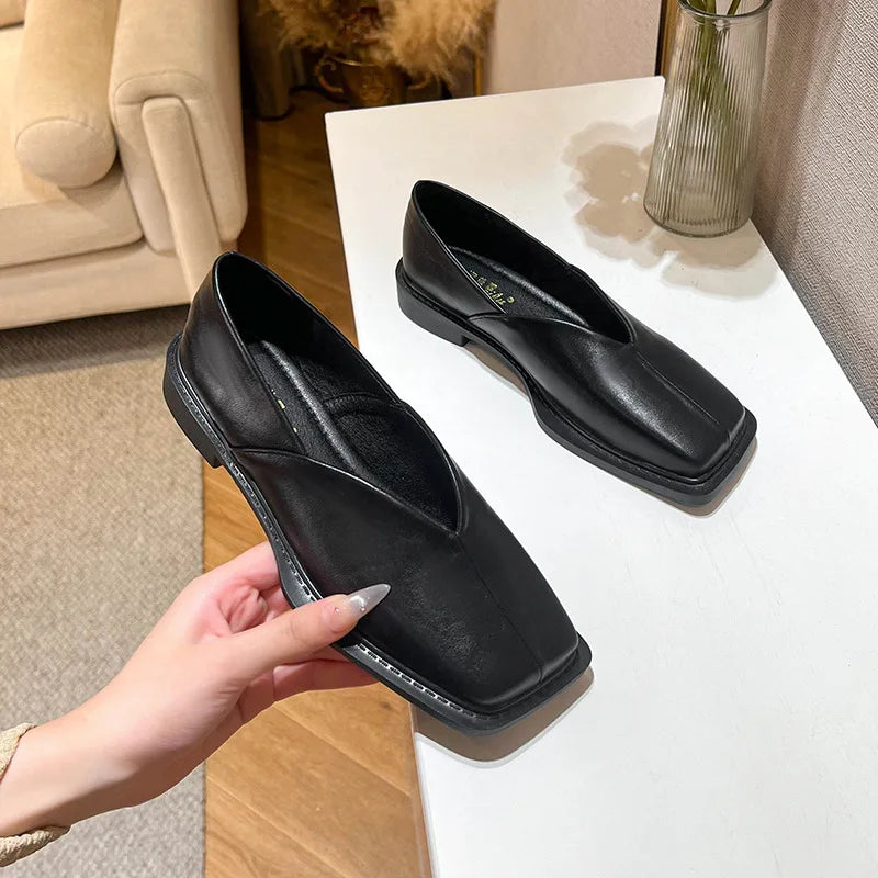New spring women's outerwear shoes Square toe design Mary Jane shoes Women's casual low-heeled shoes Work boat shoes 41-43 black
