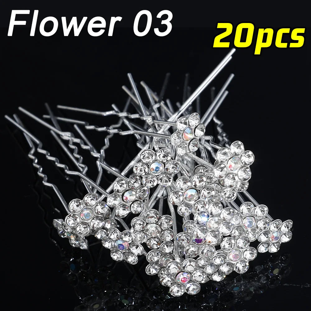20pcs Pearl Crystal Hairpin Elegant Wedding Bridal U-shaped Metal Hair Comb Forks for Women Hairstyle Clips Jewelry Accessories Flower 03