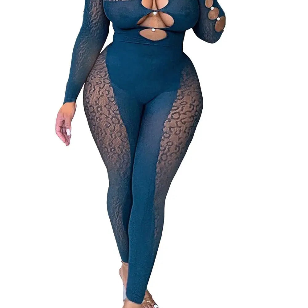 2025 Long Sleeve Sexy Leopard Lace See Through Women’s Jumpsuits Summer Slash Neck Night Club Party One Piece Outfits sea blue One Size