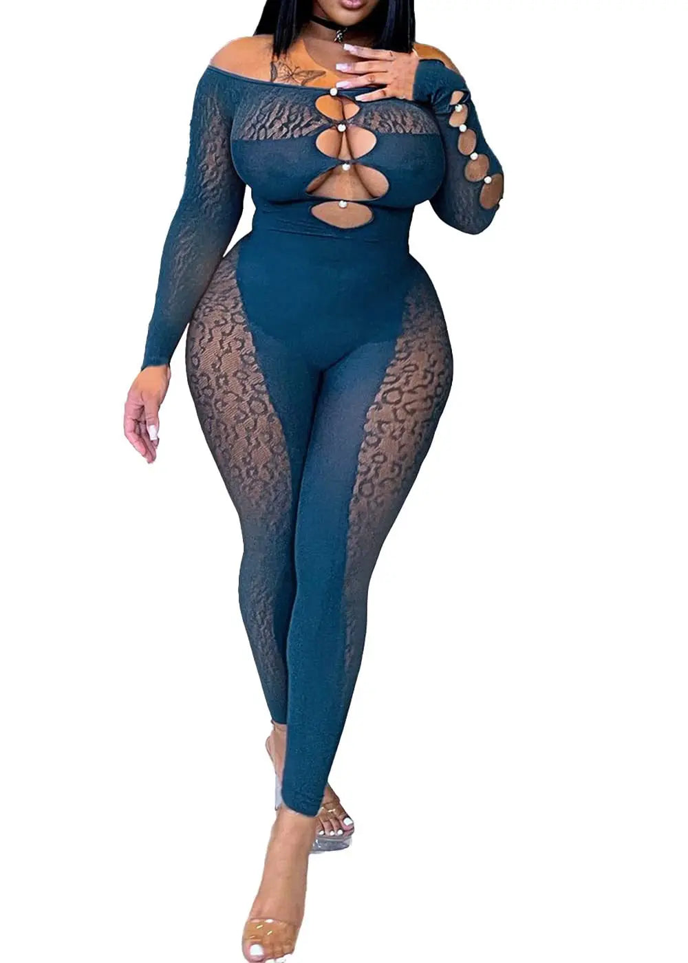 2025 Long Sleeve Sexy Leopard Lace See Through Women’s Jumpsuits Summer Slash Neck Night Club Party One Piece Outfits sea blue One Size