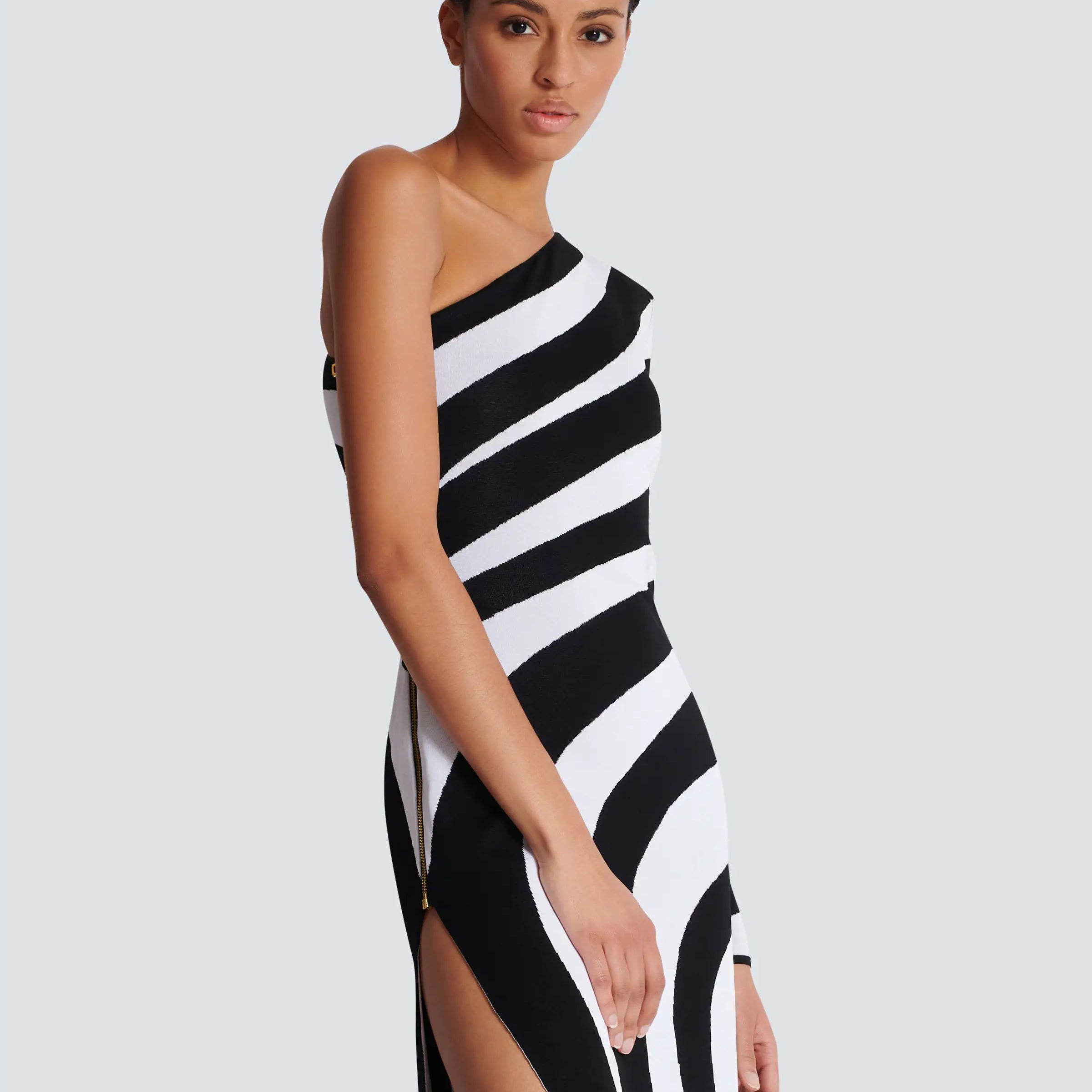 Black White Stripes Sexy High Slit One Shoulder Ankle Length Bandage Dress Fashion Woman Evening dress Celebrity Party Outfit
