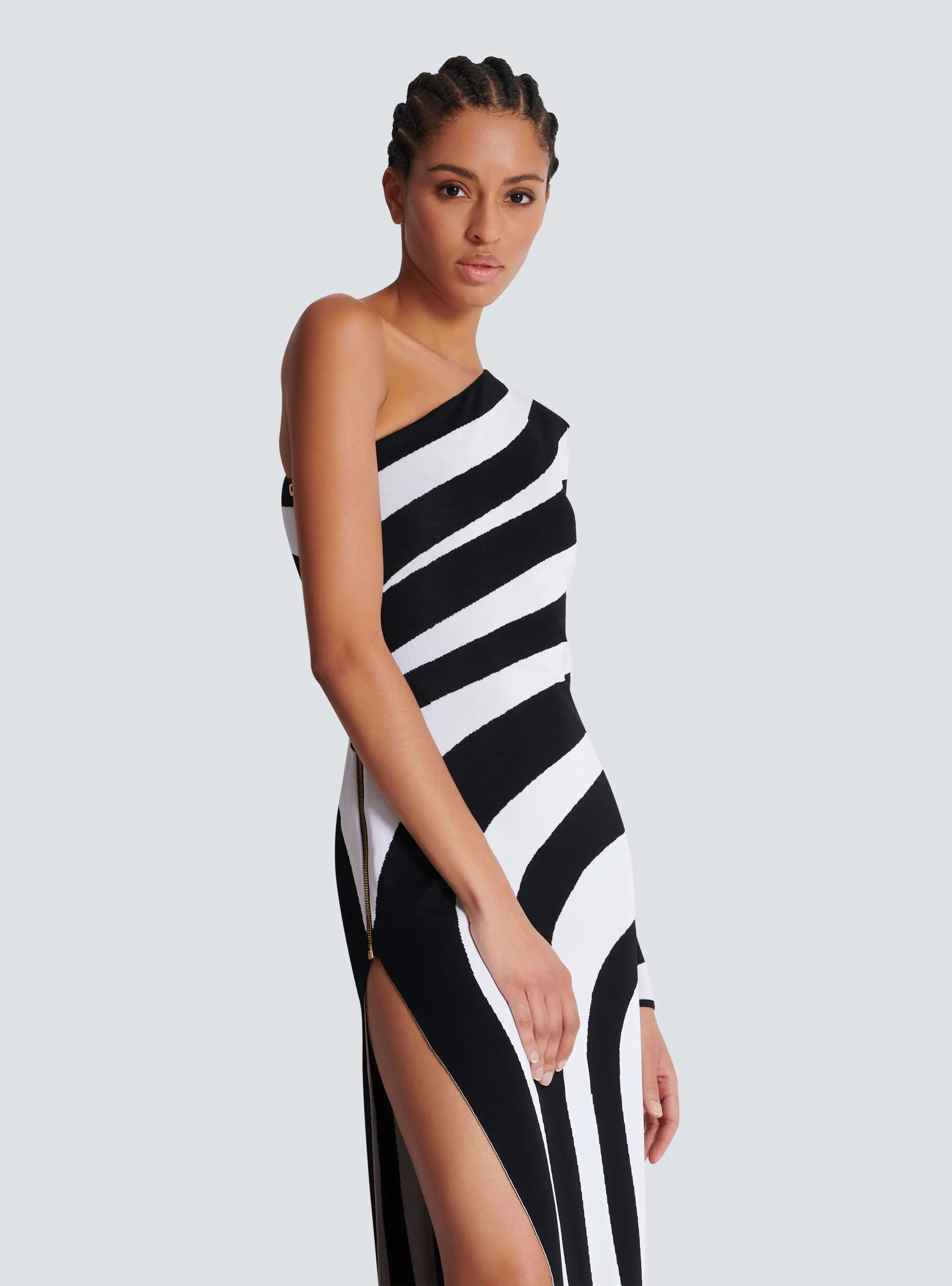Black White Stripes Sexy High Slit One Shoulder Ankle Length Bandage Dress Fashion Woman Evening dress Celebrity Party Outfit