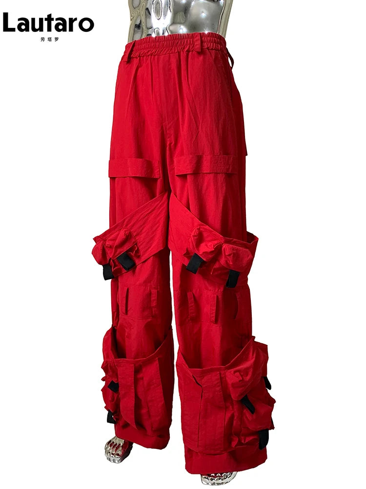 Lautaro Autumn Long Red Waterproof Nylon Cargo Techwear Pants Cyberpunk for Men Many Pockets Luxury Designer Emo Clothes 2025