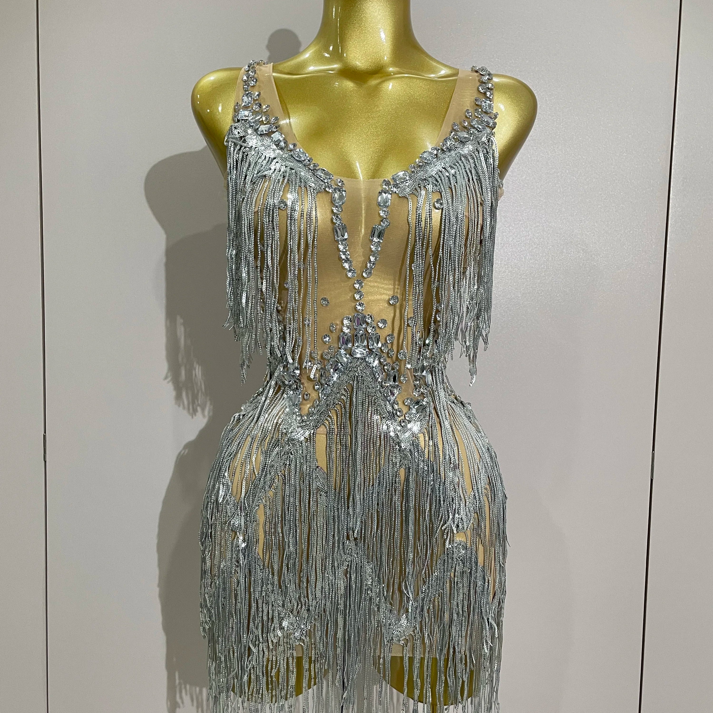 Sparkly Rhinestone Tassels Sexy Mesh Mini Dress 2025 Women Evening Birthday Party Dresses Nightclub Performance Stage Costume Silver