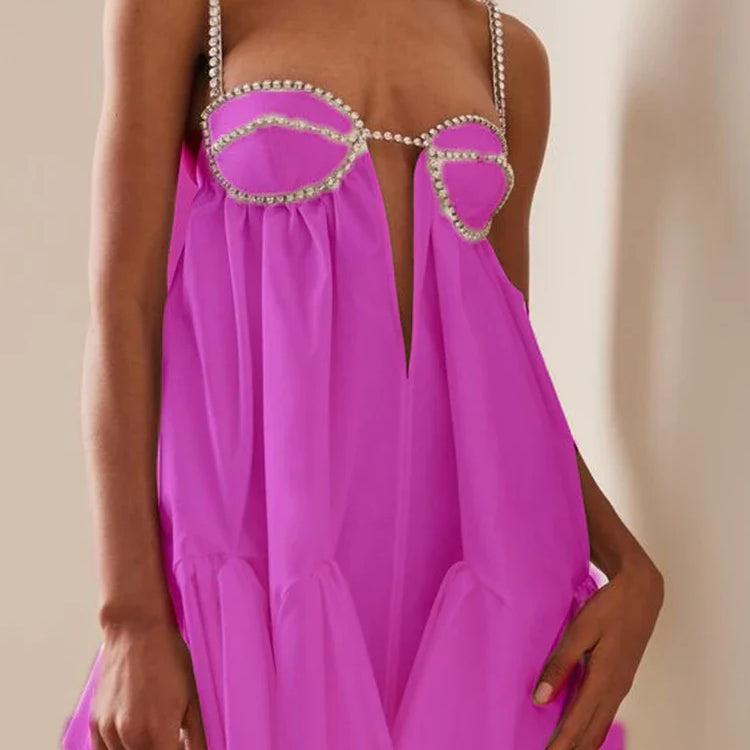 DEAT New Trendy Women's Diamonds Chain Pleated Sling Dress Spring Fashion Off-shoulder Sleeveless Dresses Female 33A1209