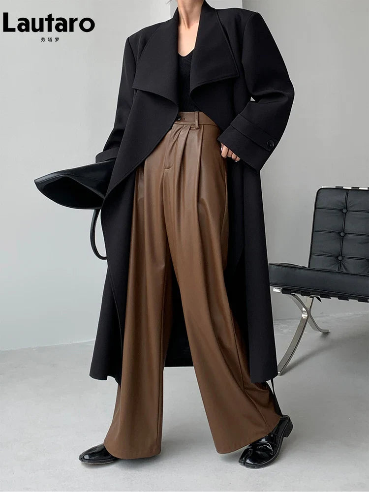 Spring Autumn Loose Casual Flowy Soft Black Brown Pu Leather Wide Leg Pants for Women High Waist Emo Korean Fashion 2023