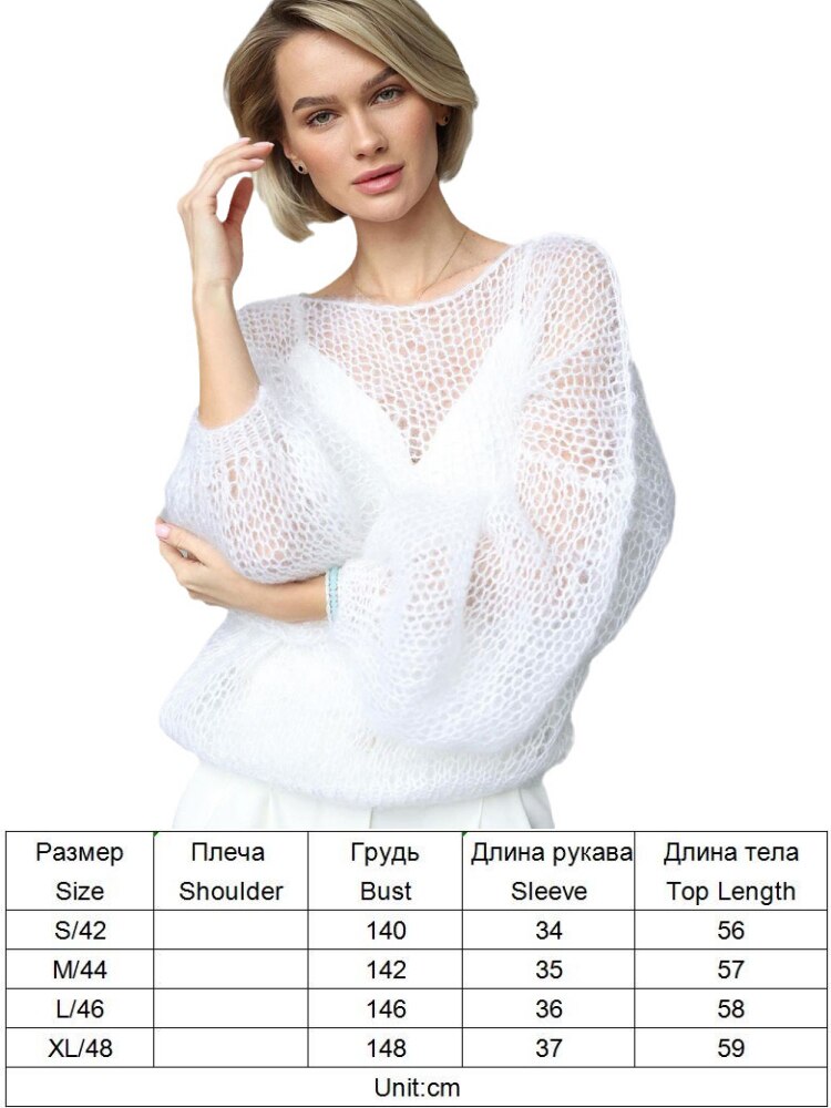 TYHRU Women's Knitted Sweaters Lady Hollow out Mesh Thin Pullover See Through Look Lantern Sleeve Loose Tops Smock