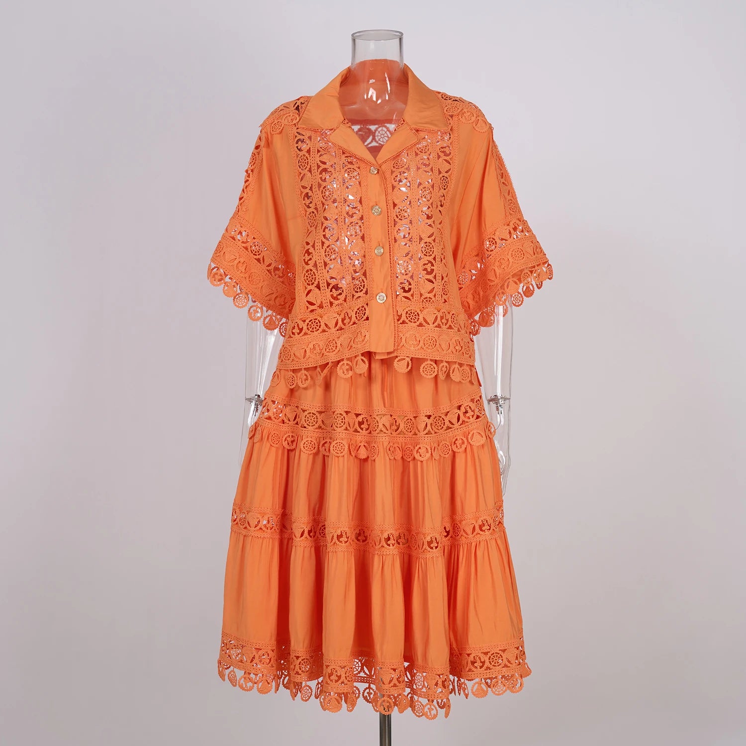 Embroidery 2 Pieces Set Women Hollow Out Loose Shirt Tops + Elastic Waist Midi Skirts Suit Summer Vacation Lace Ladies Outfit orange