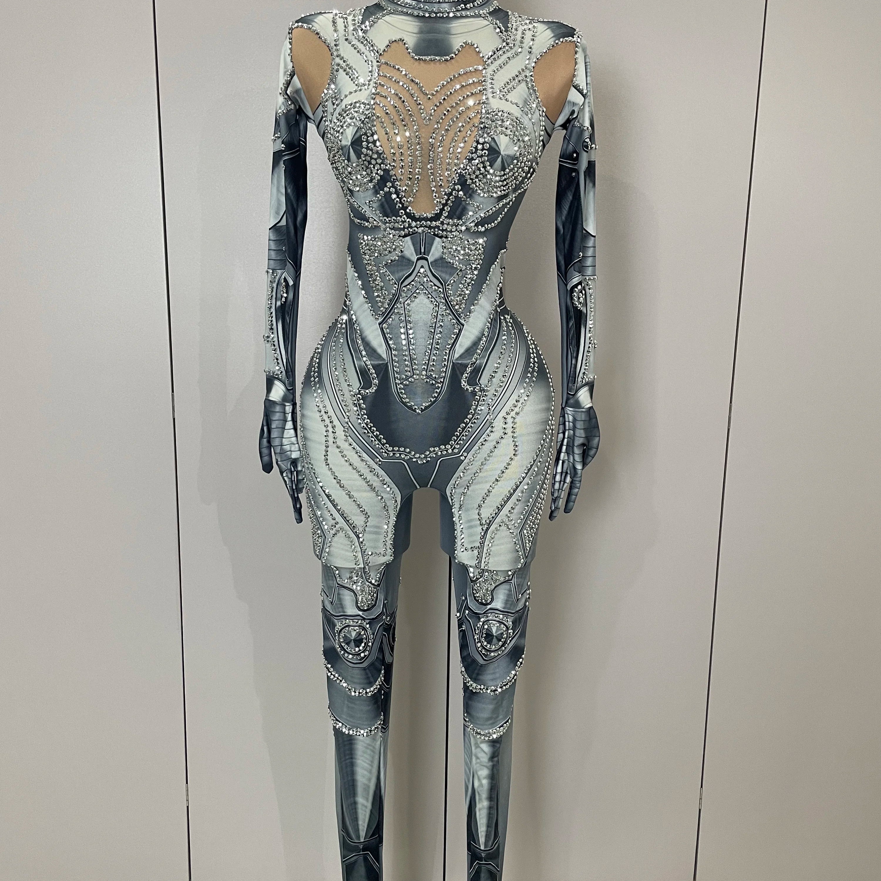 2025 New Trendy Women Sexy Rhinestones Printed Skinny Jumpsuit High Street Performance Dance Costume Bar Club Show Stage Wear GRAY