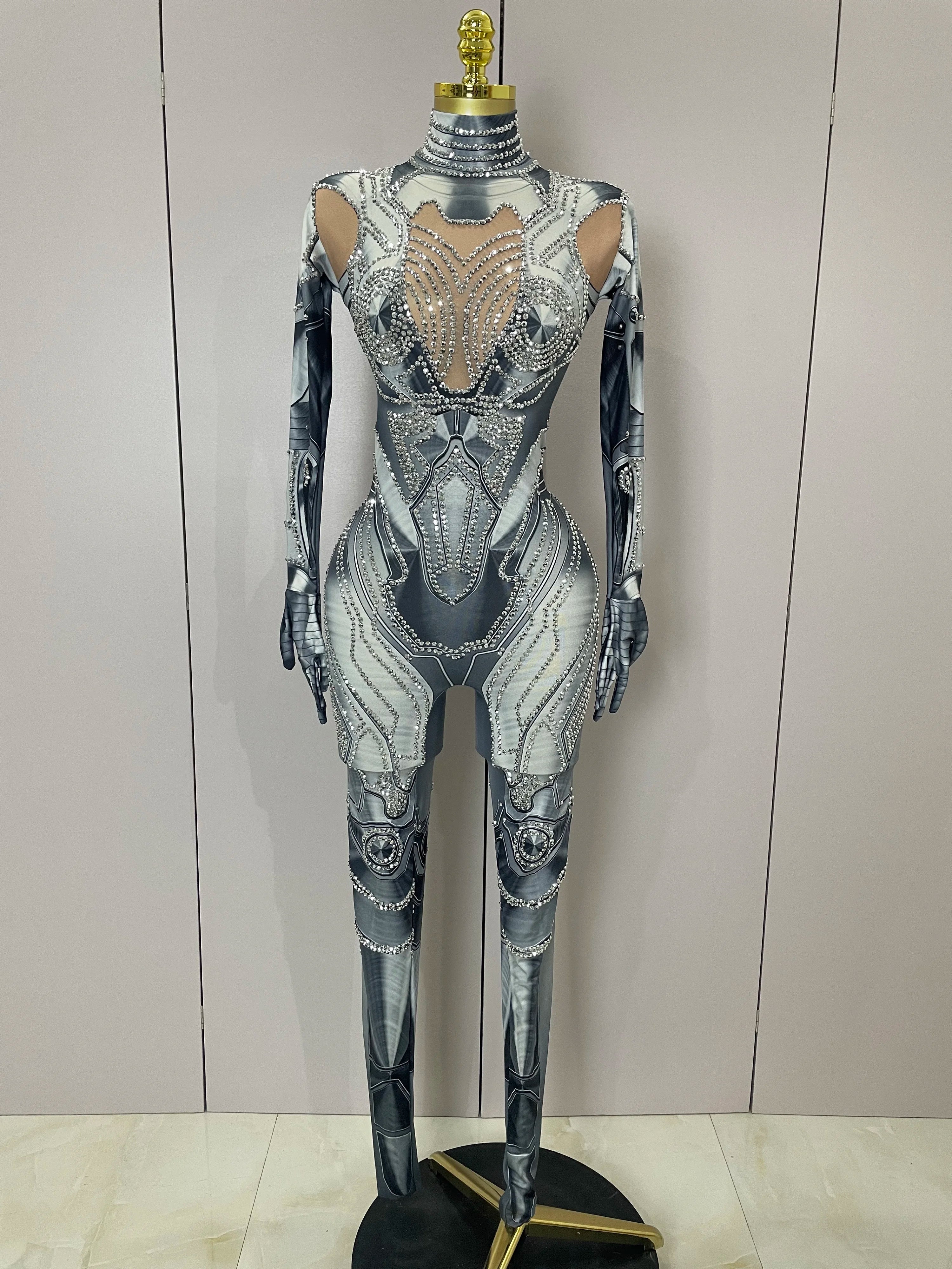 2025 New Trendy Women Sexy Rhinestones Printed Skinny Jumpsuit High Street Performance Dance Costume Bar Club Show Stage Wear GRAY