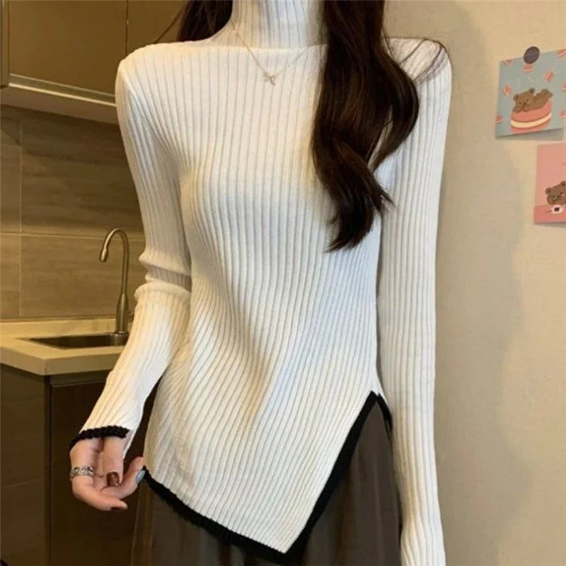 Pullover Women Clothing Knitwears Sweater Long Sleeve Turtleneck Sleeve Slim Clothes Casual Street Wear Women Lap Autumn Winter White Within 40-55Kg