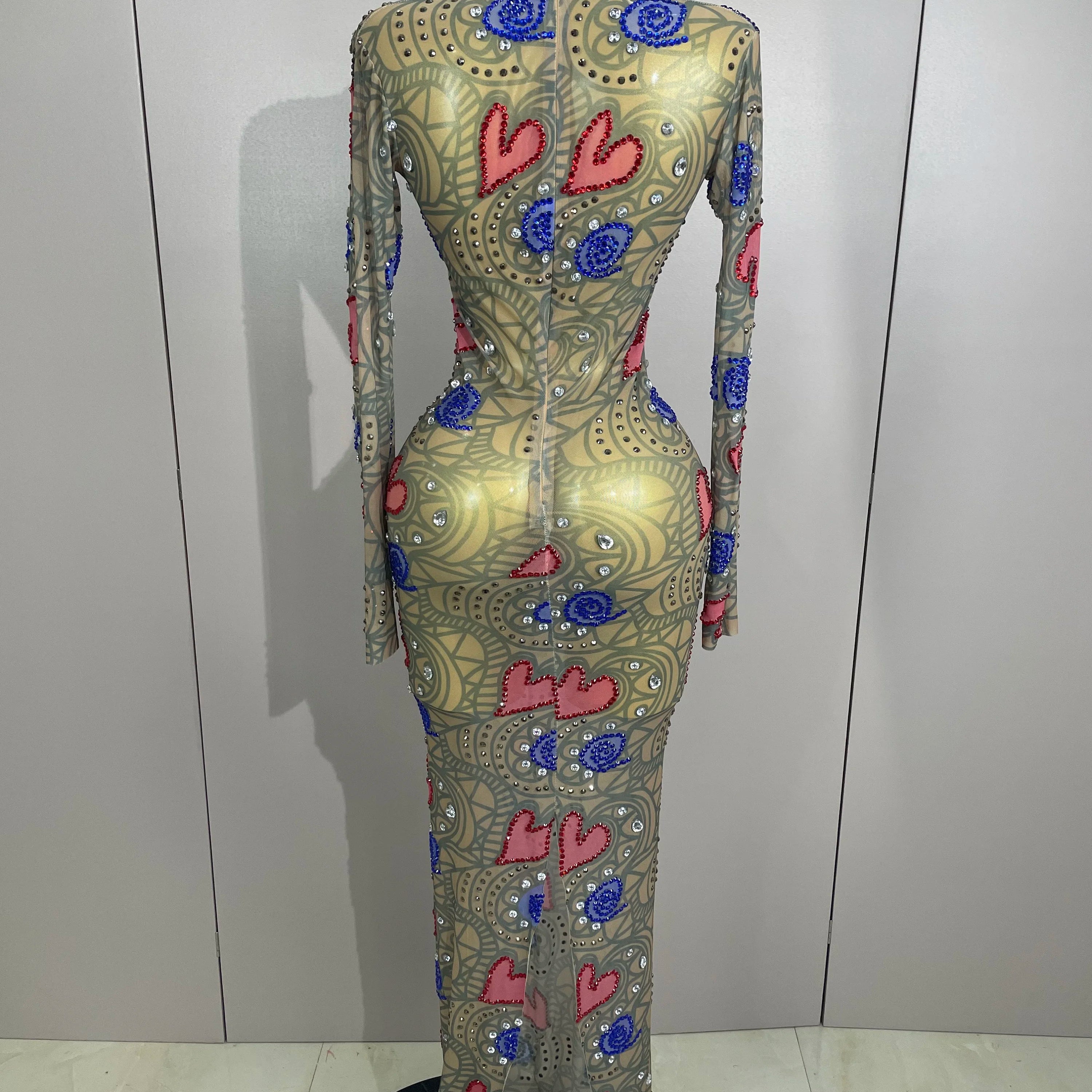 2025 New Sparkly Diamond High Neck Sexy Mesh Wrap Hip Long Dress Host Annual Meeting Party Nightclub Bar Performance Costume