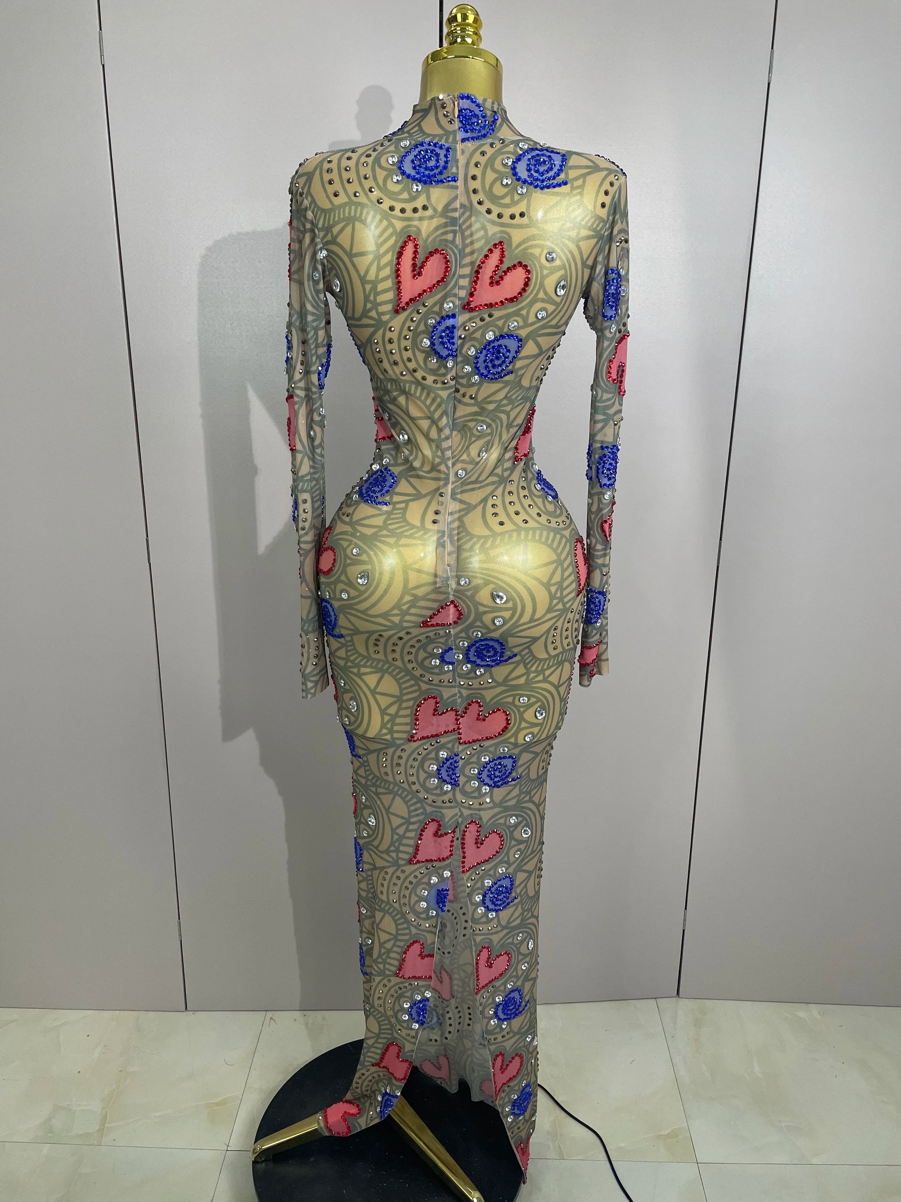 2025 New Sparkly Diamond High Neck Sexy Mesh Wrap Hip Long Dress Host Annual Meeting Party Nightclub Bar Performance Costume