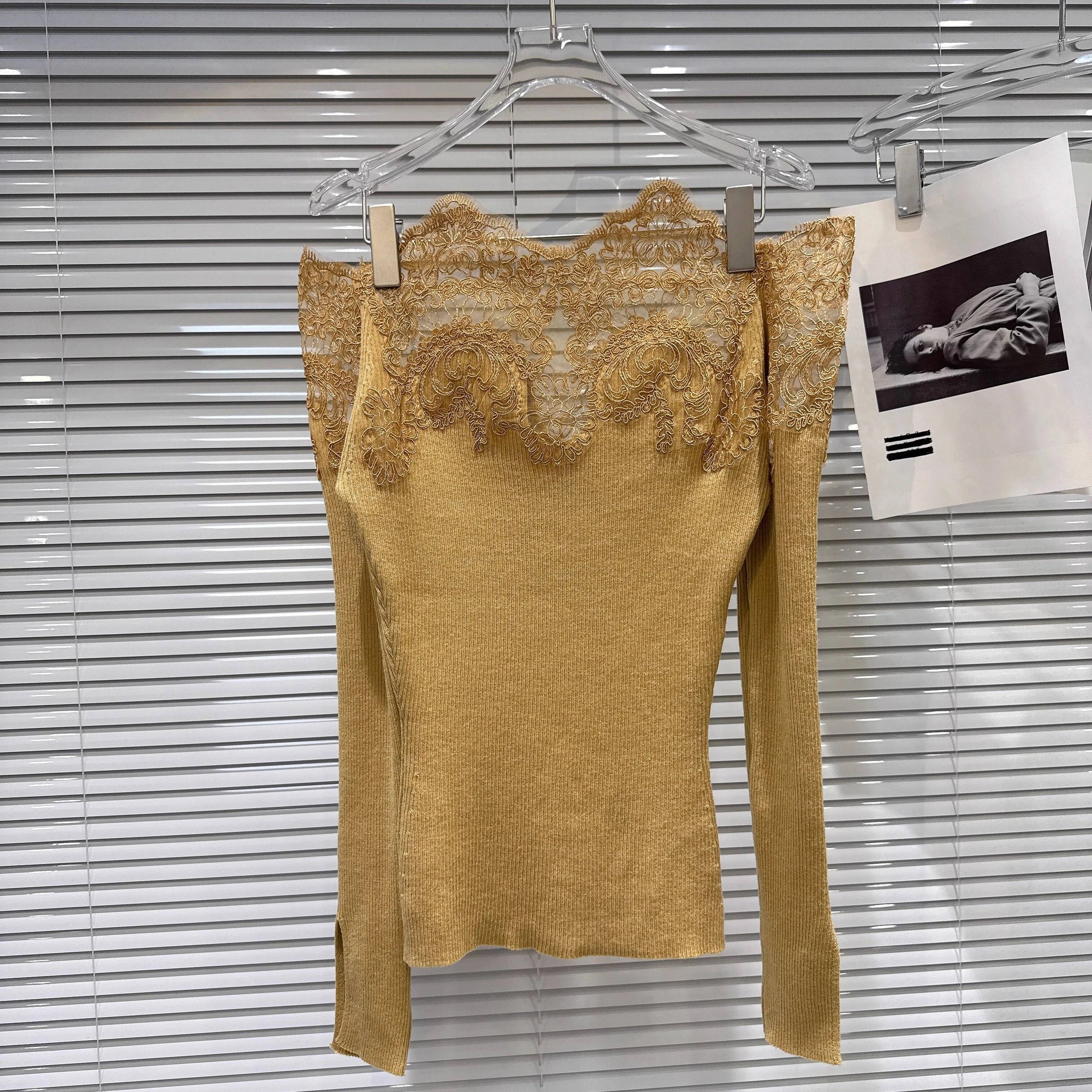Winter New Fashion Lace Collar Off-Shoulder Knitted Sweater For Women Versatile Slim Fit Pullover Female 11A07773 Gold One Size