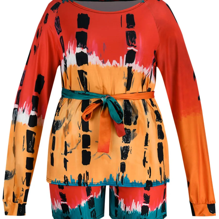 LW Plus Size shorts Two pieces sets casual long sleeve Tie Dye Bandage Top + Shorts Set 2024 NEW Spring summer Fashion 2pcs set
