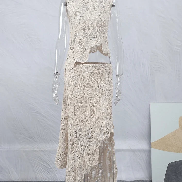 Crochet O Neck Hollow Out Skirt Set Women Chic Hook Flower Sleeveless Top Irregular Skirt Suit Spring Lady Elegant Outfit