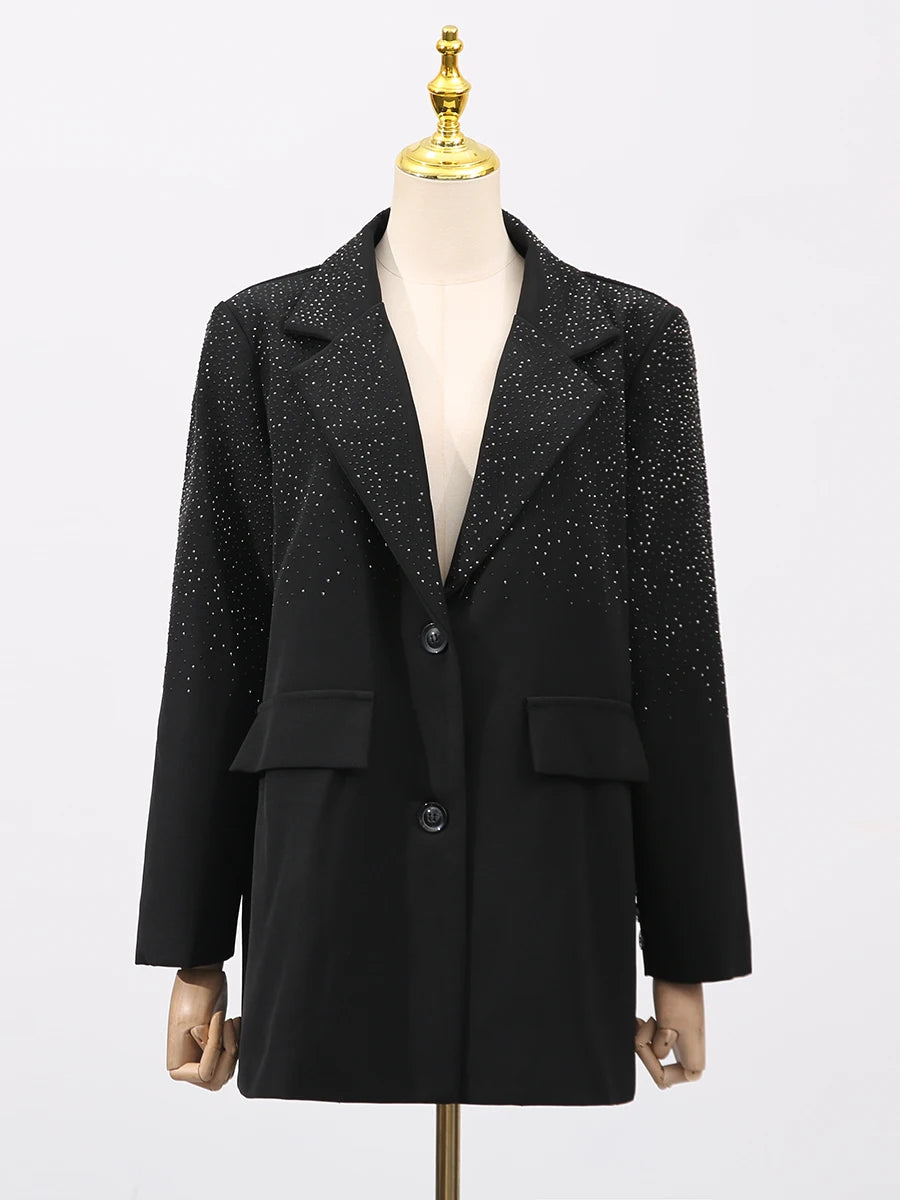 Solid Spliced Stick Drill Elegant Jackets for Women Lapel Long Sleeves Patchwork Single Breasted Jacket Female New WHITE