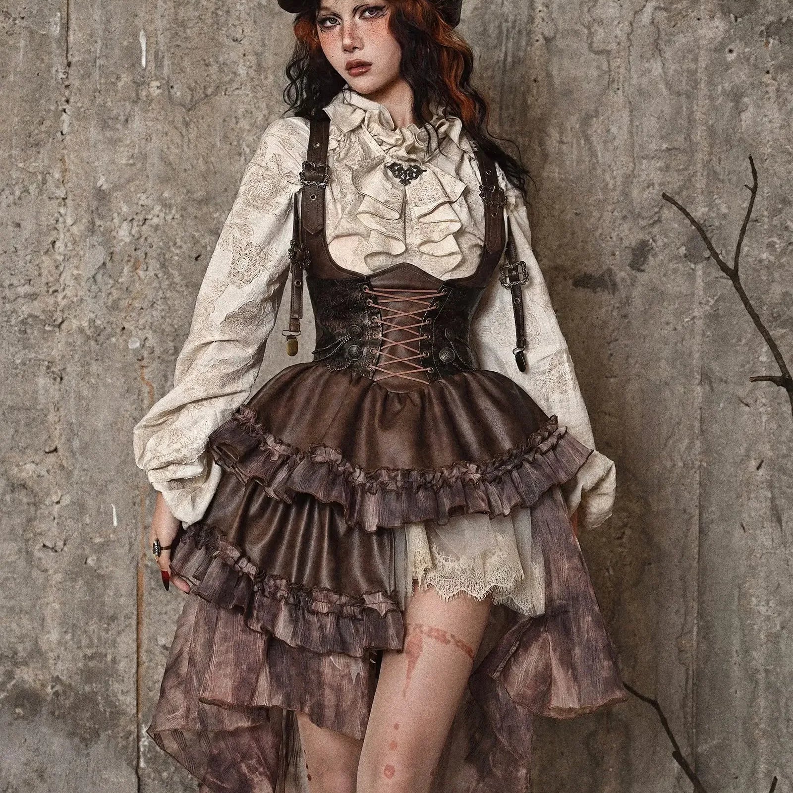 Original Punk Asymmetrical PU Chest Plate Strap Trailing Dresses Long Sleeve Shirt Dress Sets Autumn New Gothic Girls Outfits