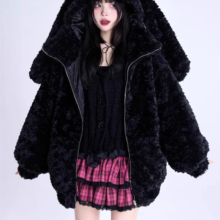 Autumn Winter Sweet Cute Lovely Warm Thick Soft Black Faux Fur Coat Women Bunny Ears Fuzzy Fluffy Jacket Hoodie 2023