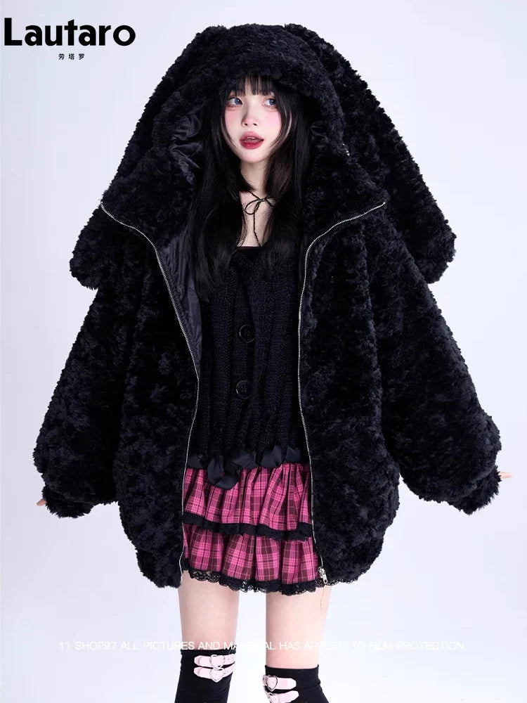 Autumn Winter Sweet Cute Lovely Warm Thick Soft Black Faux Fur Coat Women Bunny Ears Fuzzy Fluffy Jacket Hoodie 2023