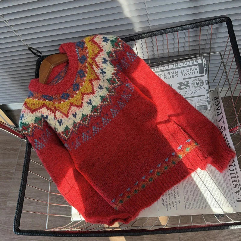 Autumn Winter New Fashion Christmas Red Sweater For Women Loose Lazy Style Contrast Color Knitted Pullover 11A07873