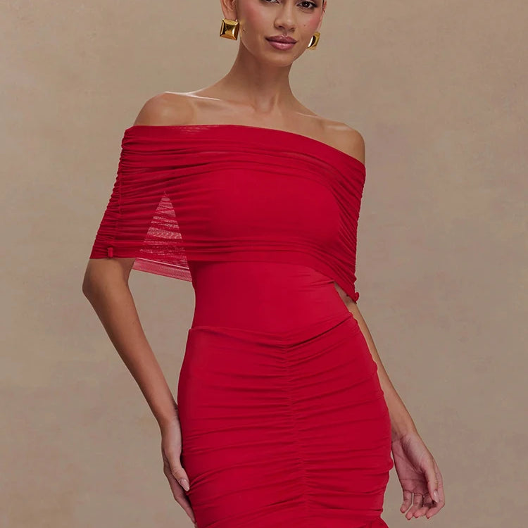 Charming Red Off-Shoulder Dress with Ruched Details for Elegant Dinner Party Evening Gown