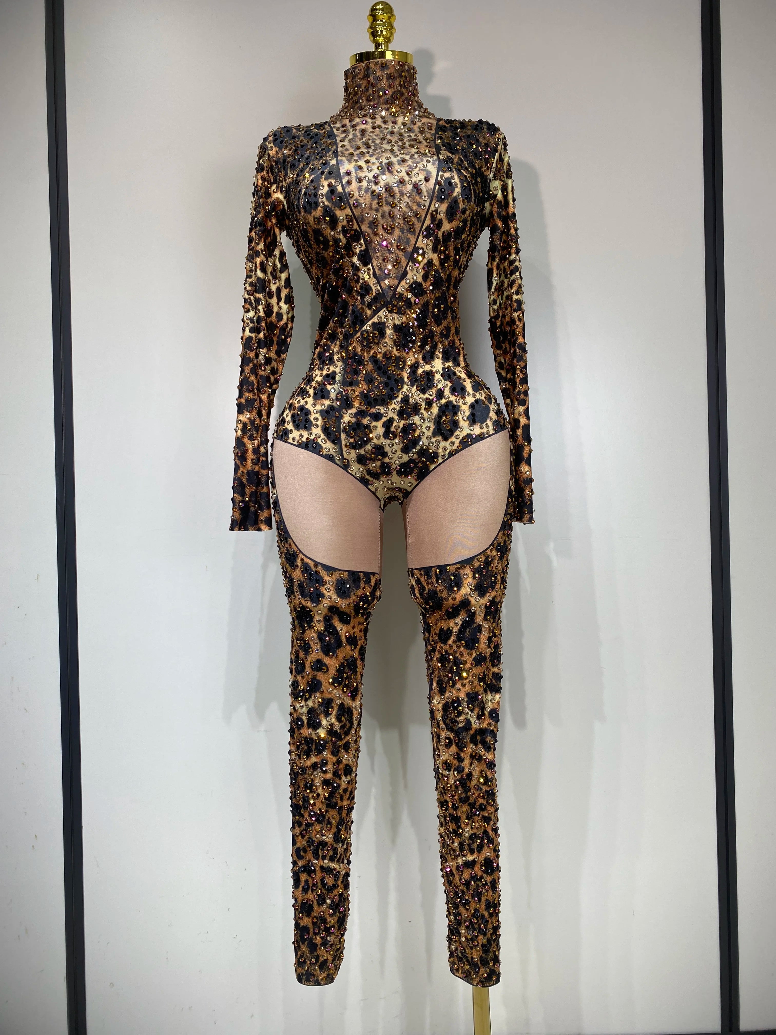 Women 2025 Stretch Leopard Print Sexy Bodycon Jumpsuit Bar Nightclub Singer Dancer Luxury Diamond Stage Performance Outfit Dark Brown
