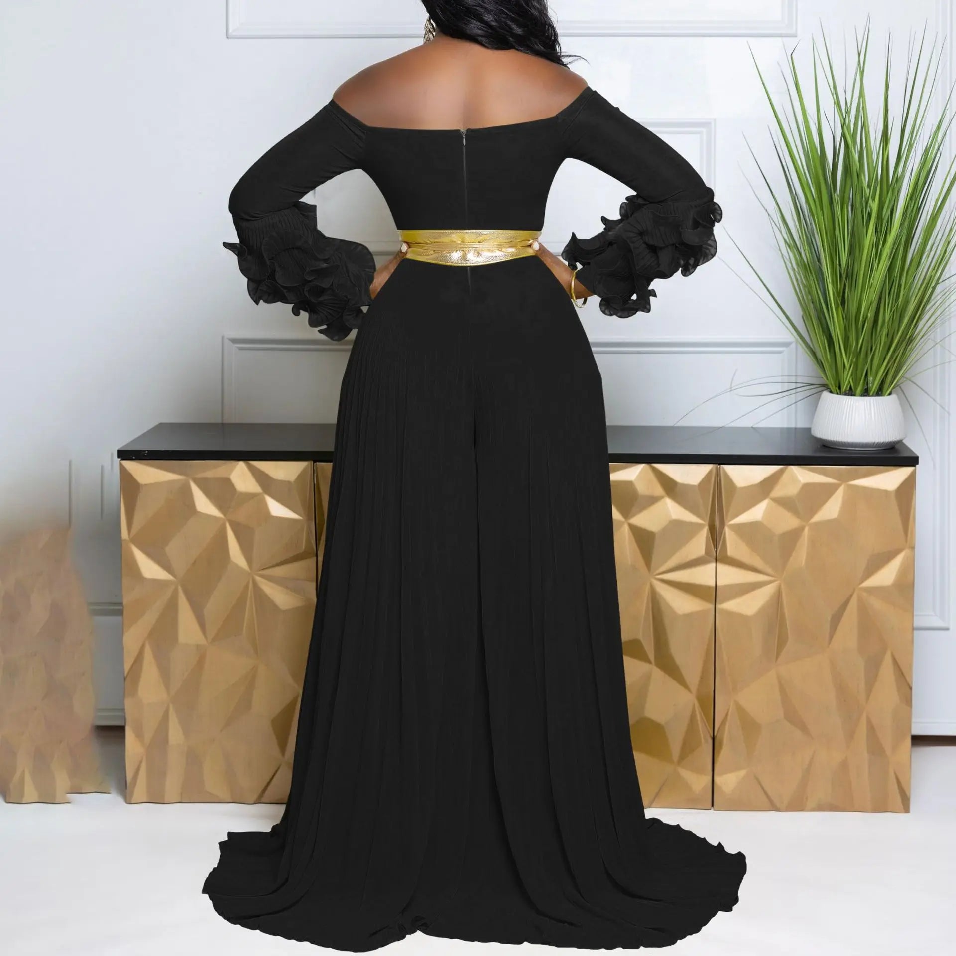 Women Long Ruffles Sleeve Pleated Slash Neck Wide Leg Long Jumpsuits Party Beach belt Street Sexy Africa Outfit Rompers