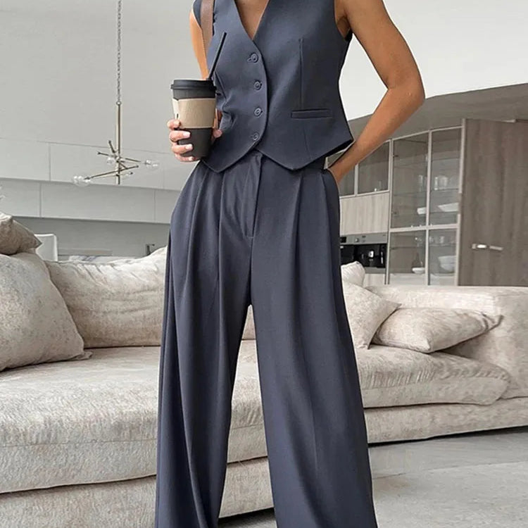 New Two Piece Wide Leg Pants Set Women's Spring New V-Neck Sleeveless Vest with Hanging Wide Leg Pants Casual Set
