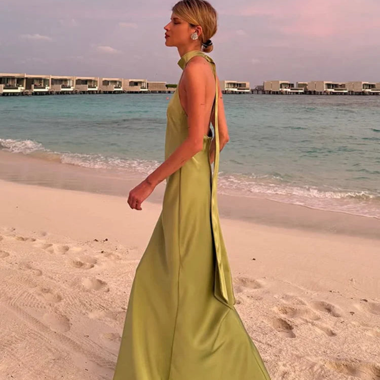 Elegant Green Satin Sleeveless Maxi Dress Chic Stand Neck Lace Up Backless Dresses New Female Summer Vacation Beach Vestido 2025