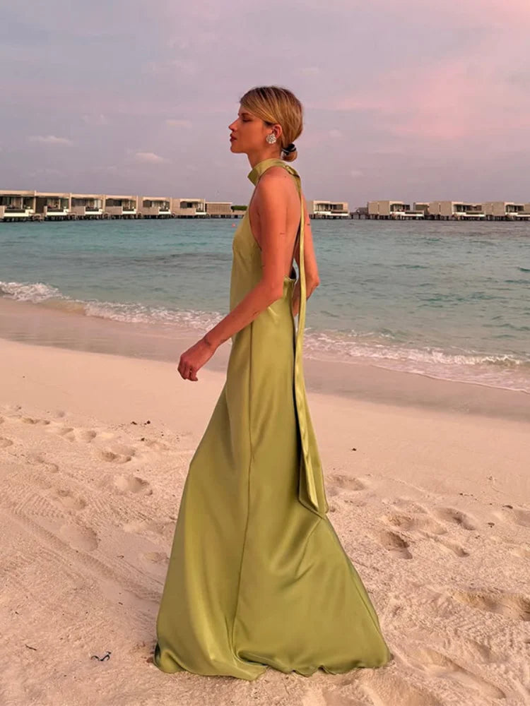 Elegant Green Satin Sleeveless Maxi Dress Chic Stand Neck Lace Up Backless Dresses New Female Summer Vacation Beach Vestido 2025