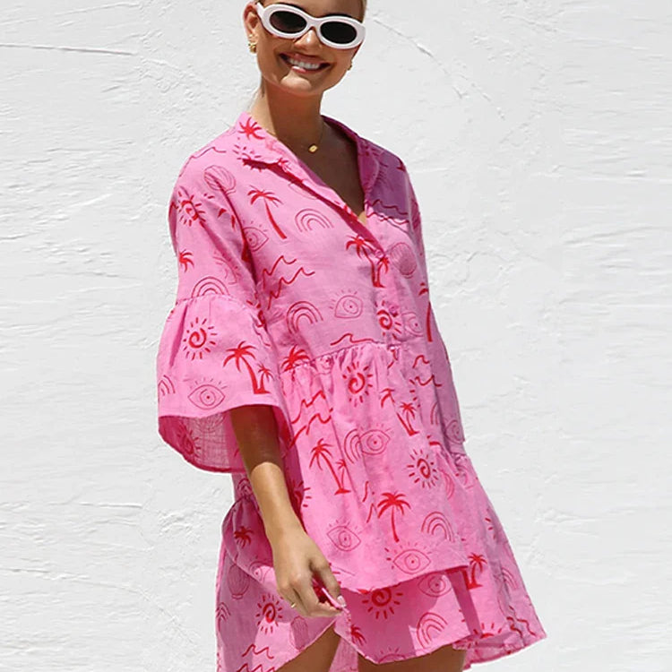 Print Flare Sleeve Ruffled Mini Women's Dress Elegant Shirt Collar Button Vestidos Spring Casual Loose Beach Female Dresses Figure Color 3