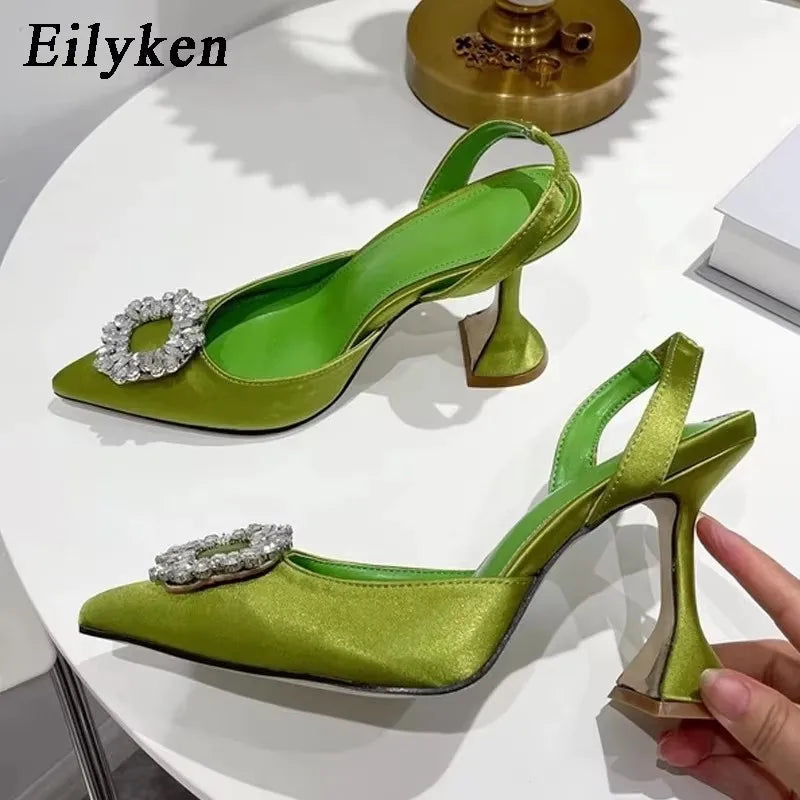Eilyken Autumn Design Silk Women Pumps Crystal Strange Style High Heels Comfortable Party Wedding Bride Shoes Green 1