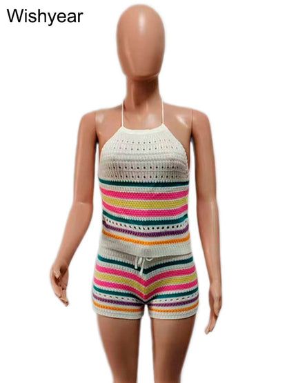 Wishyear Sexy Backless Halter Crop Top and Shorts Suit Two Piece Sets for Women Tracksuit Knitted Crochet Co Ord Summer Outfits