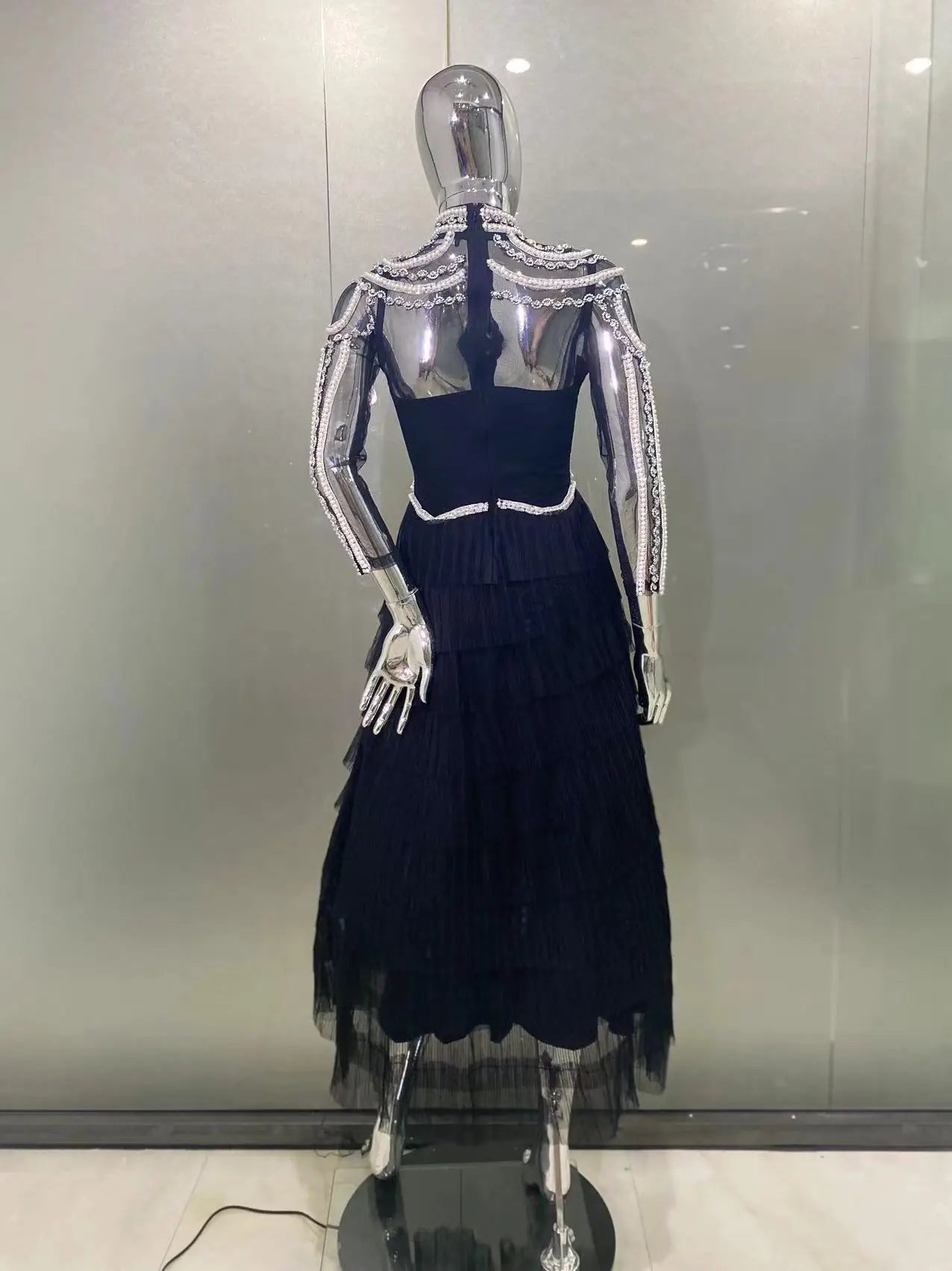 2024 New Autumn Women Long Sleeve Sexy Beading Crystal Ball Gown Long Dress Celebrate Fashion Red Carpet Celebrity Dress Vestido