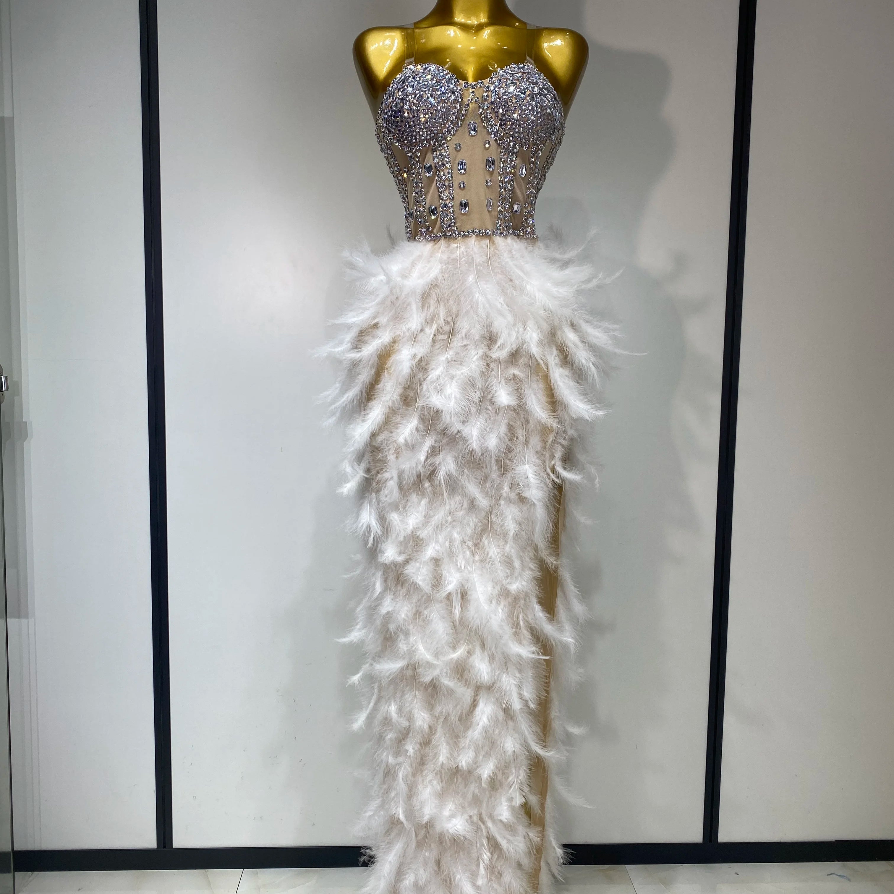 Women Sexy Sparkly Rhinestone Feather Mesh Long Dress Elegant Evening Party Celebrate Luxury Birthday Singer Stage Costume WHITE