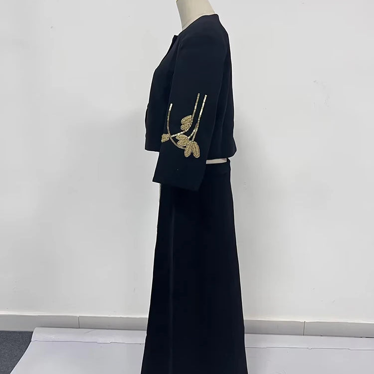 Colorblock Chic Two Piece Sets For Women O Neck Half Sleeve Coat High Waist Skirt Elegant Set Female Fashion Style