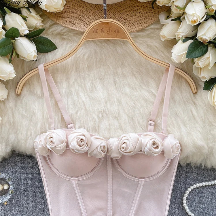 SINGREINY Female Rose 3D Flower Sexy Camisole Sleeveless Strapless Short Tank Tops Women Sheath Corset Streetwear Camis apricot